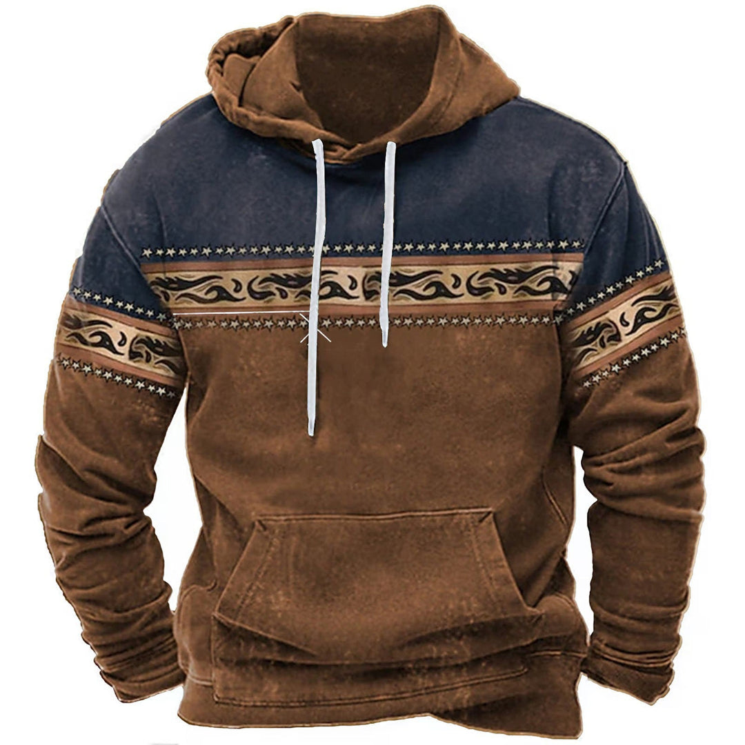 Brauner und blauer Kapuzenpullover mit ethnischem Muster, Kordelzug und Kängurutasche. Modischer Herren-Hoodie für Herbst und Winter.