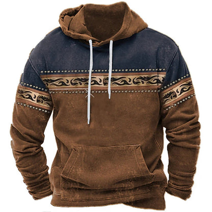 Brauner und blauer Kapuzenpullover mit ethnischem Muster, Kordelzug und Kängurutasche. Modischer Herren-Hoodie für Herbst und Winter.