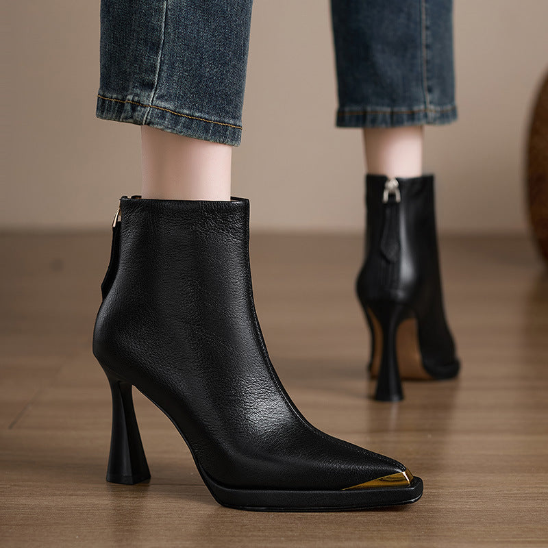 Women's Ankle Boots with Molded Heel, Metallic Tip and Zipper at the Back