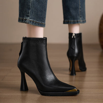 Women's Ankle Boots with Molded Heel, Metallic Tip and Zipper at the Back