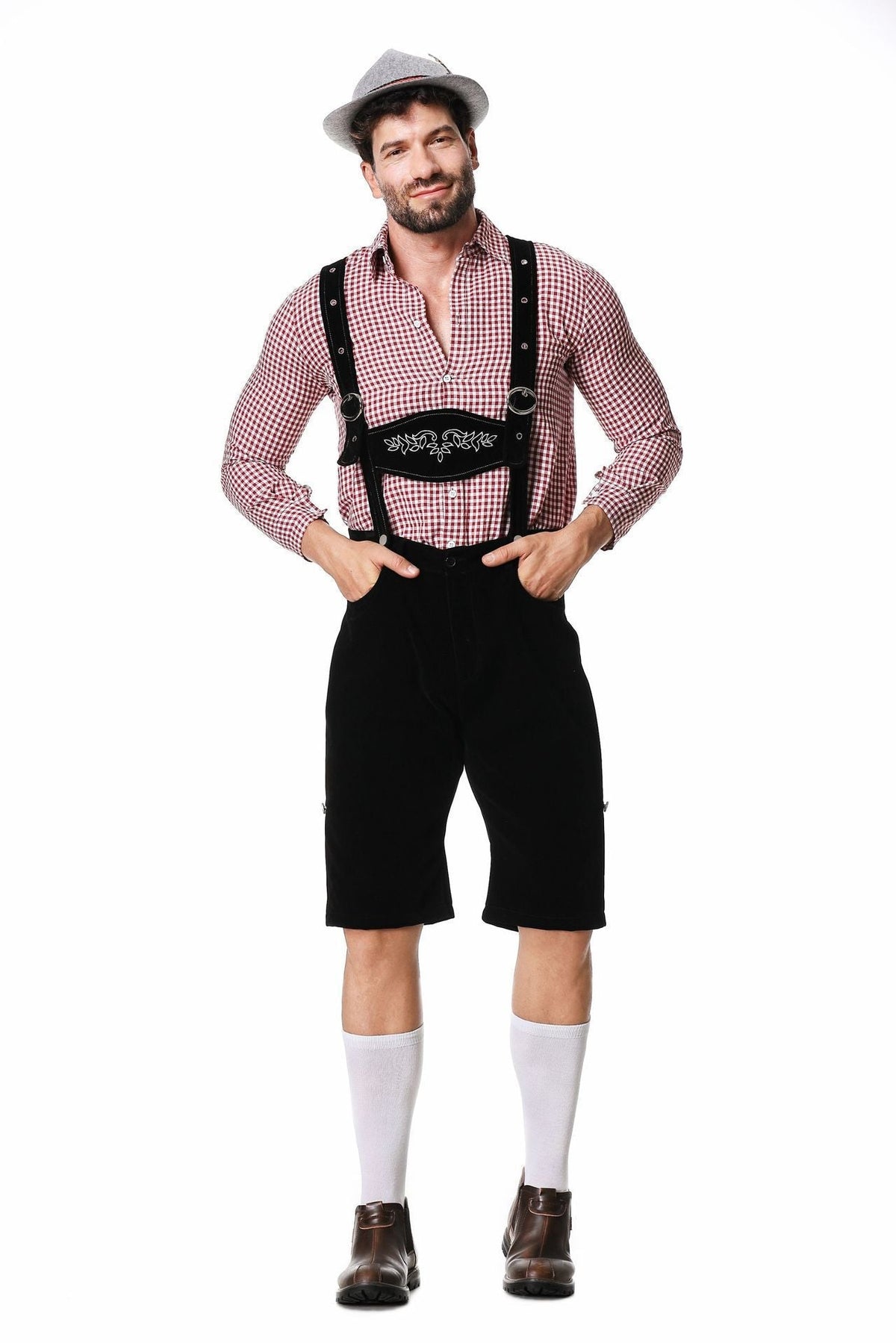 Herren Kurze Trachtenlederhose Mit Besticktem Brustlatz