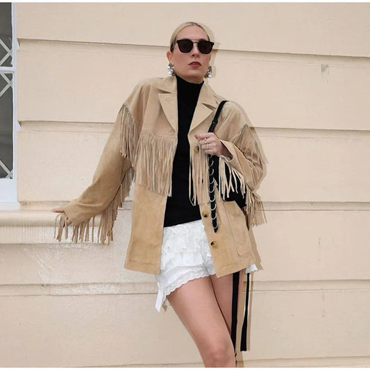 Damen-Wildlederjacke mit langen Fransen an den Ärmeln