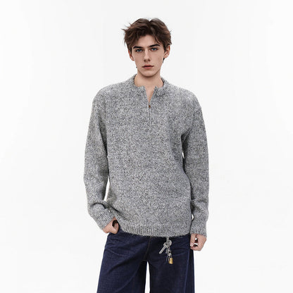 Herrenpullover mit halbem Reissverschluss und melierter Strickoptik