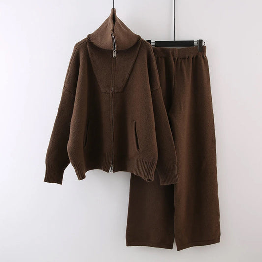 Damen Strick-Set Hochkragenpullover mit Reißverschluss Elastische Bundhose