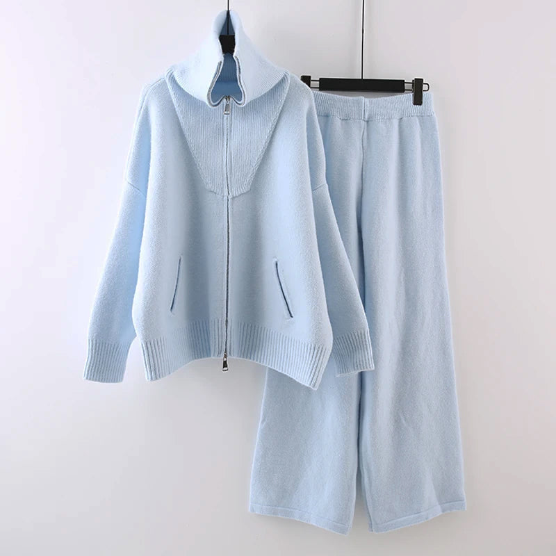 Damen Strick-Set Hochkragenpullover mit Reißverschluss Elastische Bundhose
