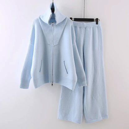 Damen Strick-Set Hochkragenpullover mit Reißverschluss Elastische Bundhose