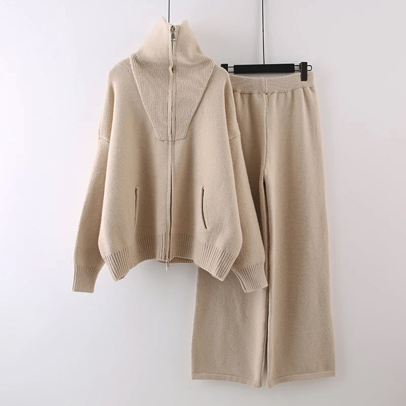 Damen Strick-Set Hochkragenpullover mit Reißverschluss Elastische Bundhose
