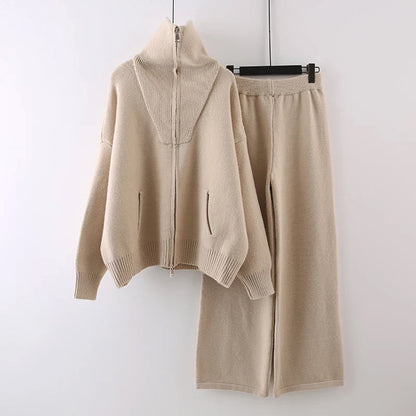 Damen Strick-Set Hochkragenpullover mit Reißverschluss Elastische Bundhose