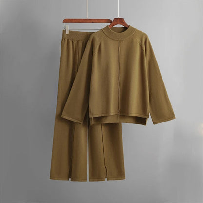 Women's Relaxation Clothing Set with Round Neck Sweater and Wide-Leg Pants