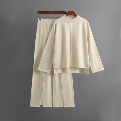 Women's Relaxation Clothing Set with Round Neck Sweater and Wide-Leg Pants