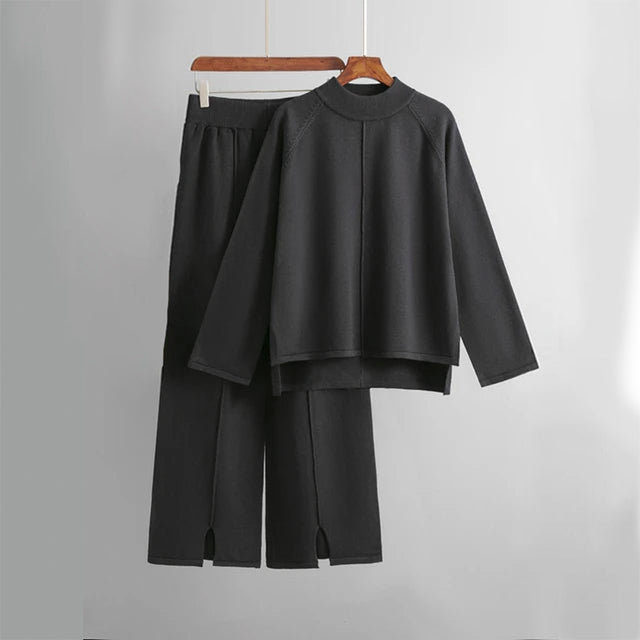 Women's Relaxation Clothing Set with Round Neck Sweater and Wide-Leg Pants