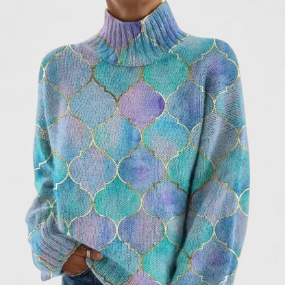 Women's knitted sweater with pastel pattern and high collar