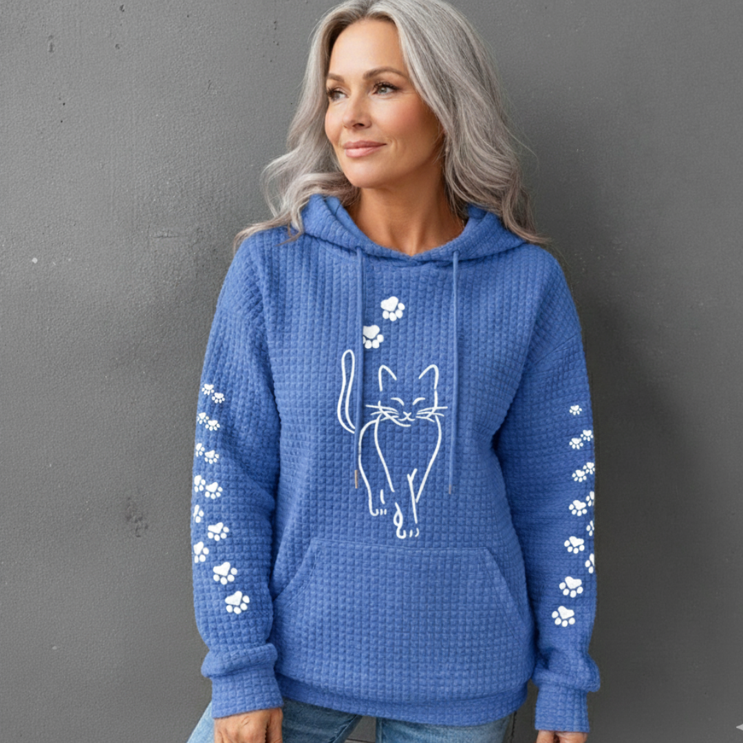 Women's Sweater with Cat Print and Lantern Sleeves