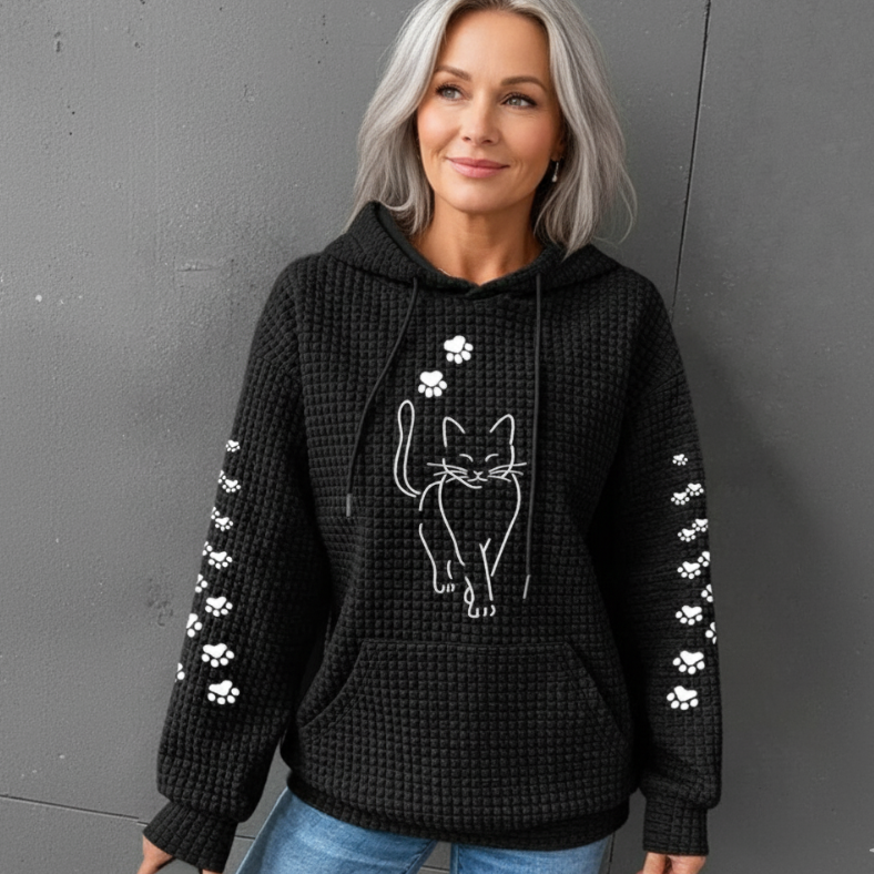 Women's Sweater with Cat Print and Lantern Sleeves