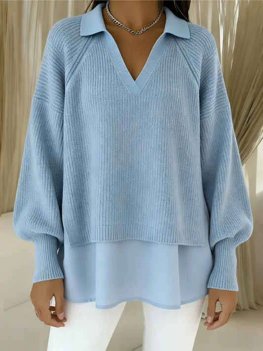 Damen Strickpullover mit Lagen-Saum und V-Ausschnitt