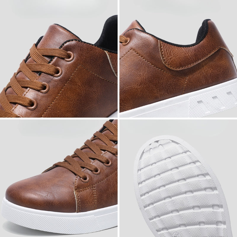 Brauner Ledersneaker mit weißen Gummisohlen, Nahaufnahme. Modischer Herrenschuh, ideal für Freizeit und Alltag. Hochwertiges Design.