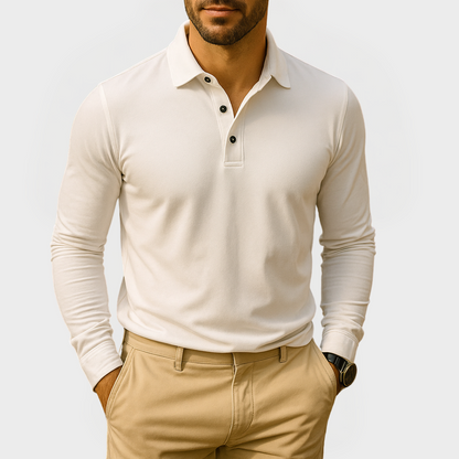 Herren-Poloshirt Mit Langen Ärmeln, Knopfkragen, Strukturierte Passform