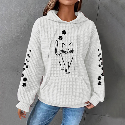 Women's Sweater with Cat Print and Lantern Sleeves