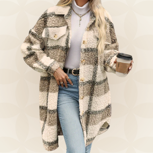 Damen Herbstmantel Lang Karo Teddy-Optik Mit Knopfverschluss