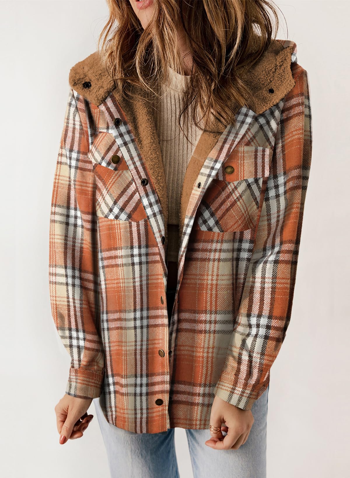 Damen Herbst Jacke Karo Kapuze Langarm Taschen Fleece Futter Style