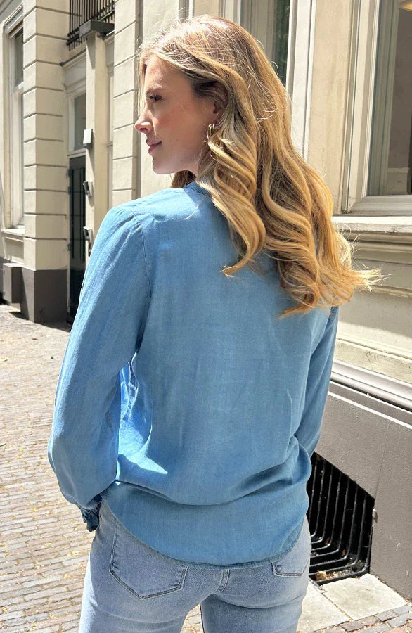 Damen Jeansbluse Mit Puffärmeln Und Knopfverschluss