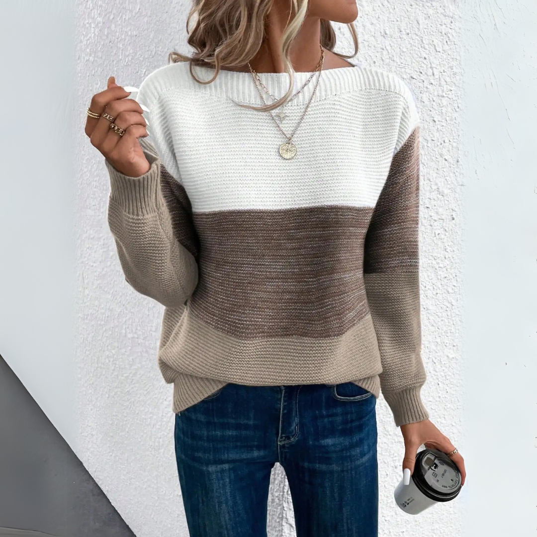 Damen Farbblock Strickpullover Mit U-Boot-Ausschnitt