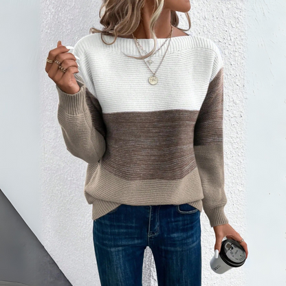 Damen Farbblock Strickpullover Mit U-Boot-Ausschnitt