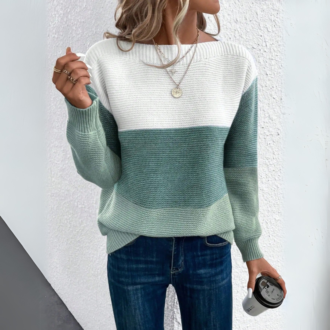 Damen Farbblock-Strickpullover mit U-Boot-Ausschnitt in der Vorderansicht
