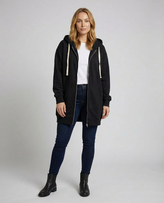 Knielanger Zip-Hoodie für Damen mit Kapuze in der Vorderansicht
