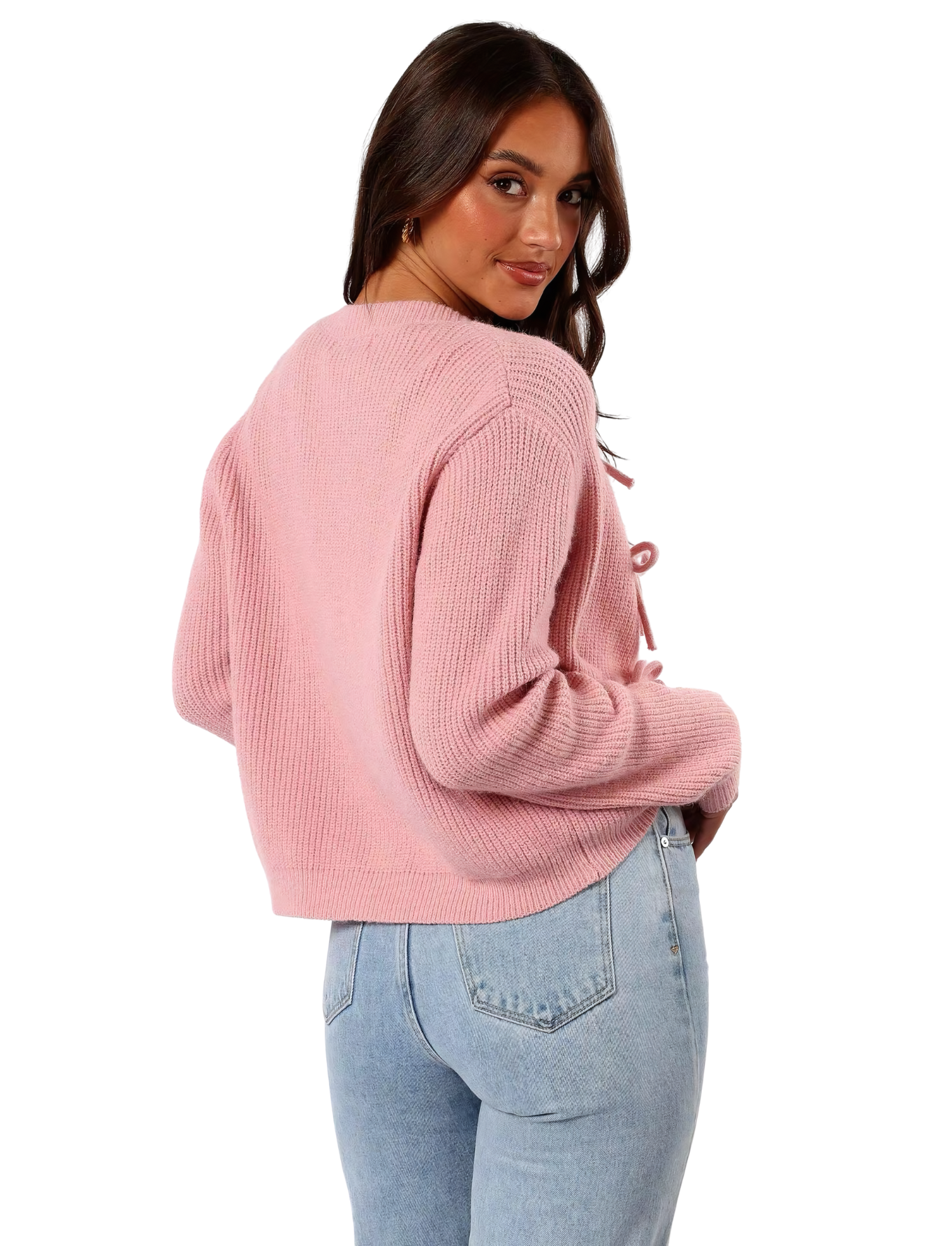 Damen Strickjacke für den Herbst mit Schleifenbindung, offenem Vorderteil und Rundhalsausschnitt