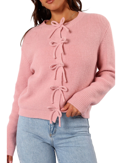 Damen Strickjacke für den Herbst mit Schleifenbindung, offenem Vorderteil und Rundhalsausschnitt