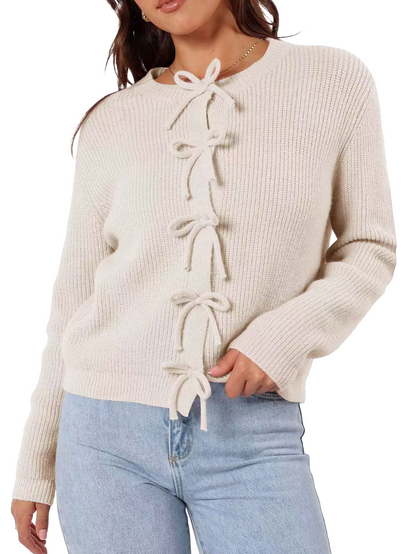 Damen Strickjacke für den Herbst mit Schleifenbindung, offenem Vorderteil und Rundhalsausschnitt