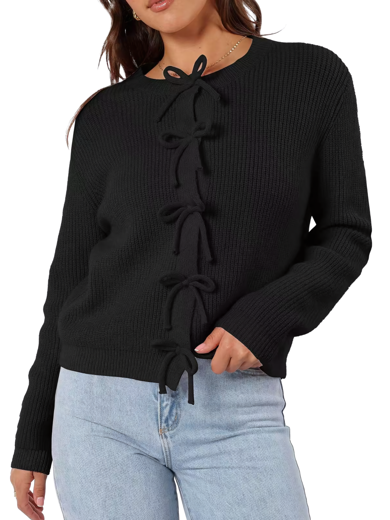 Damen Strickjacke für den Herbst mit Schleifenbindung, offenem Vorderteil und Rundhalsausschnitt