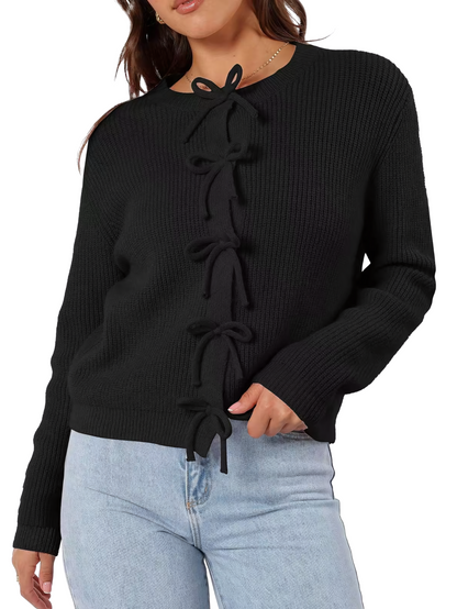 Damen Strickjacke für den Herbst mit Schleifenbindung, offenem Vorderteil und Rundhalsausschnitt