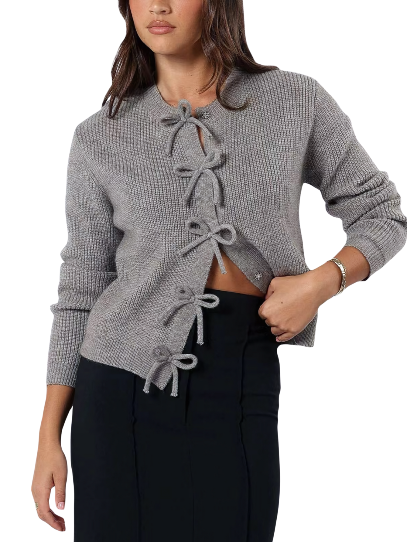 Damen Strickjacke für den Herbst mit Schleifenbindung, offenem Vorderteil und Rundhalsausschnitt