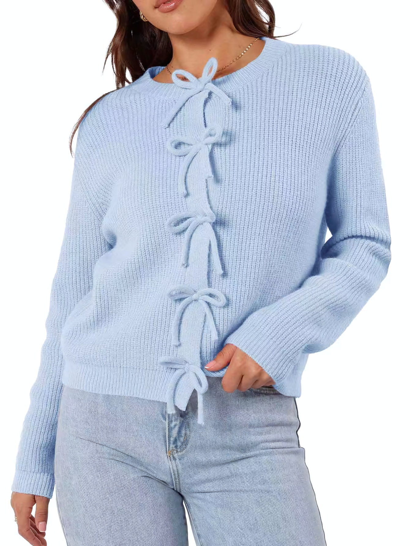 Damen Strickjacke für den Herbst mit Schleifenbindung, offenem Vorderteil und Rundhalsausschnitt