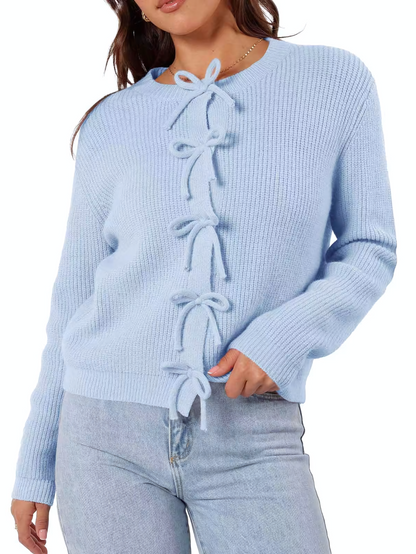 Damen Strickjacke für den Herbst mit Schleifenbindung, offenem Vorderteil und Rundhalsausschnitt