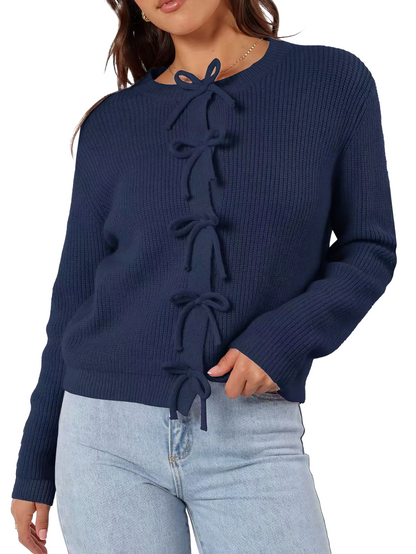 Damen Strickjacke für den Herbst mit Schleifenbindung, offenem Vorderteil und Rundhalsausschnitt