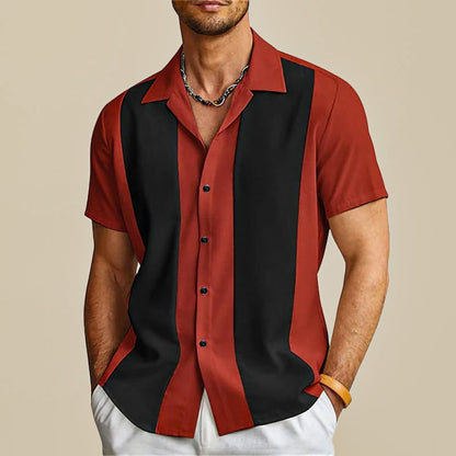 Men's shirt with button placket, vertical color-block stripes, and short sleeves