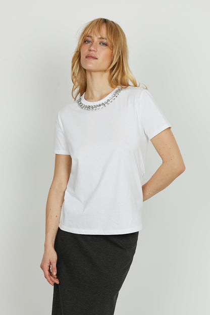 Damen-Herbst-T-Shirt, Kurzarm mit Strassbesatz – Klassischer Stil