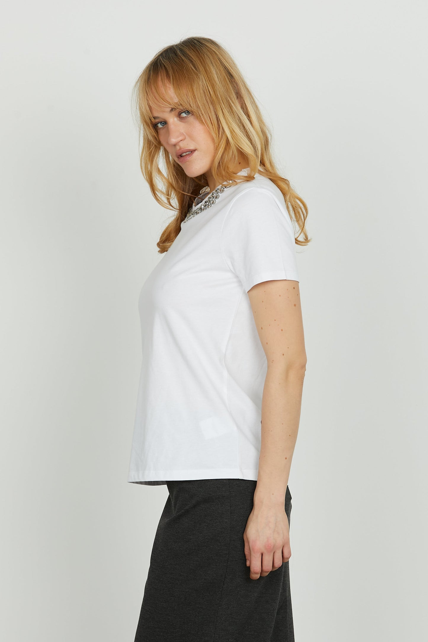 Damen-Herbst-T-Shirt, Kurzarm mit Strassbesatz – Klassischer Stil
