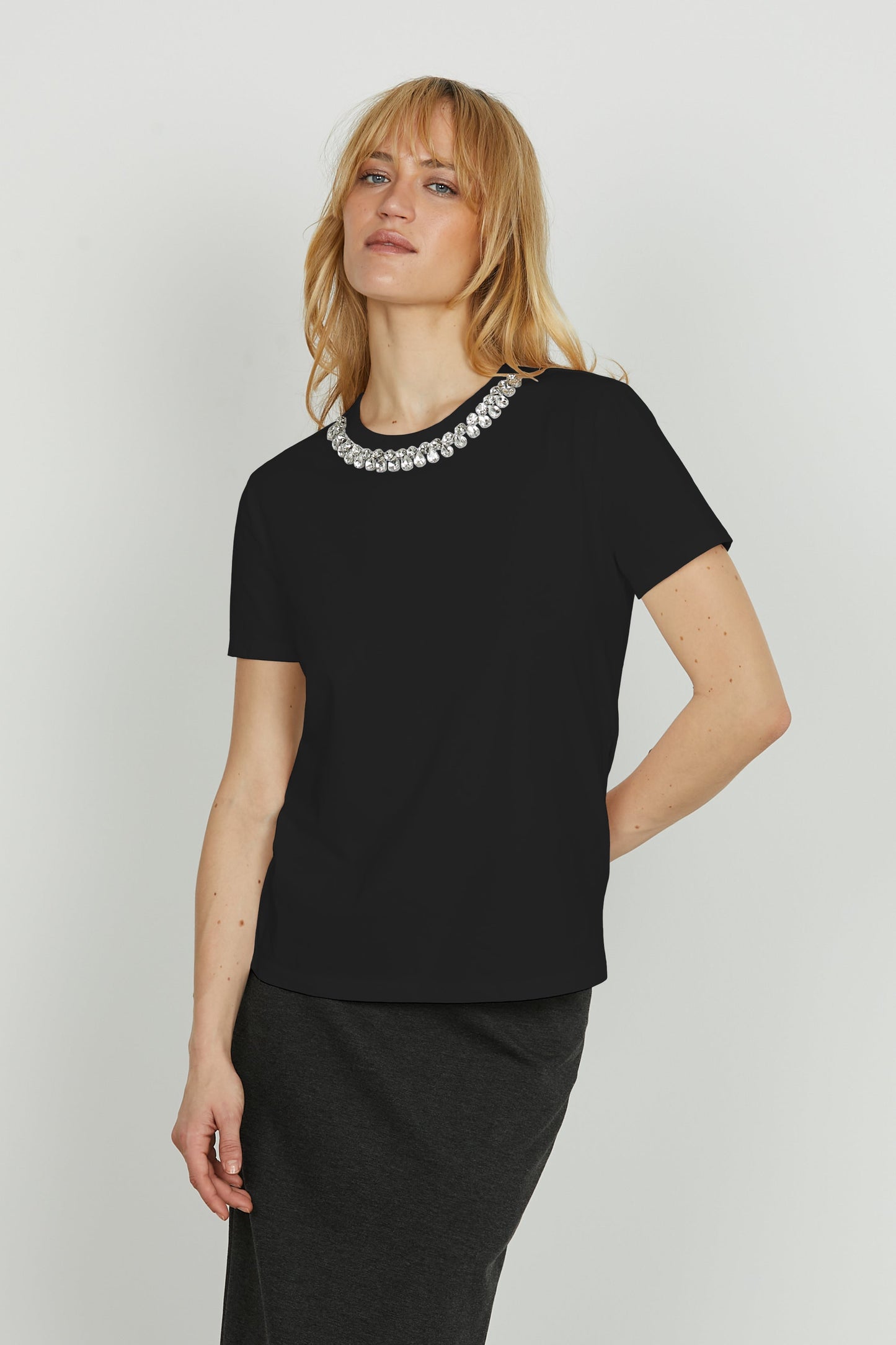 Damen-Herbst-T-Shirt, Kurzarm mit Strassbesatz – Klassischer Stil