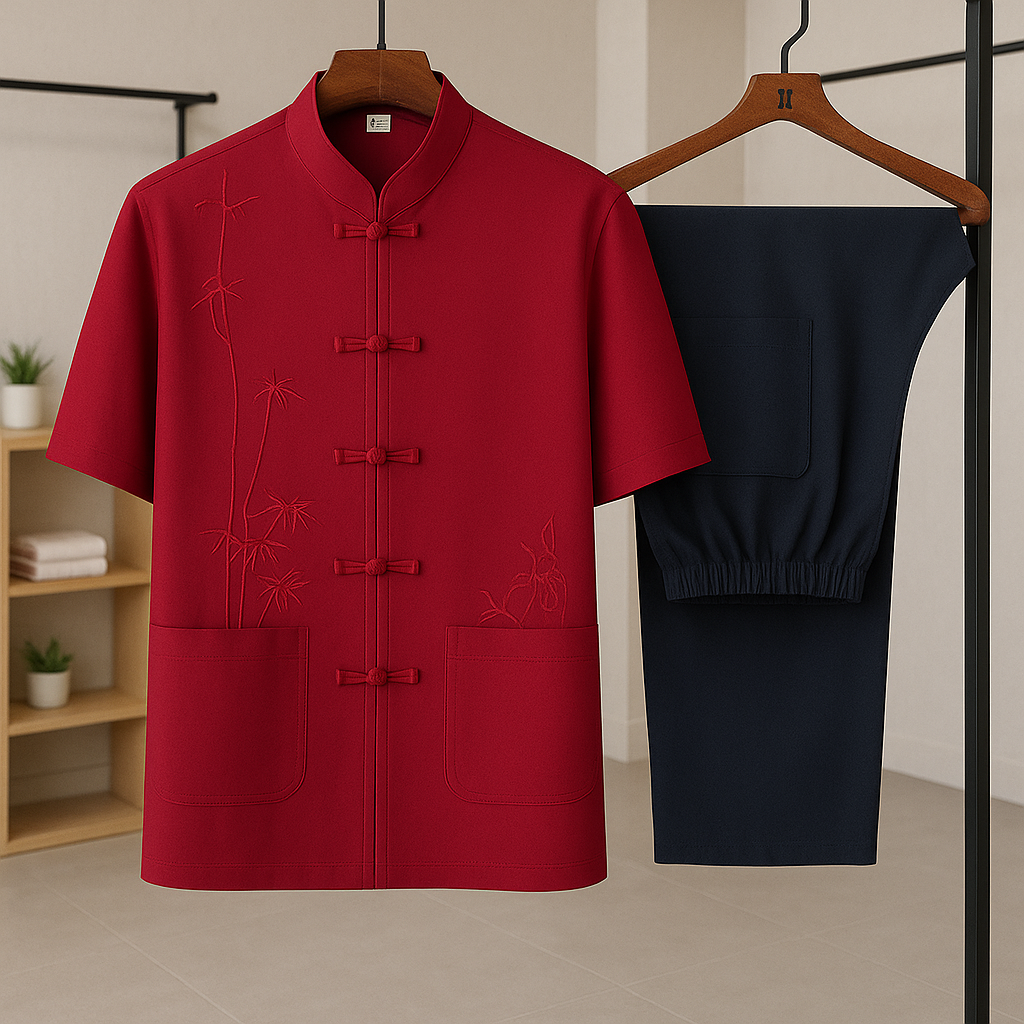 Men's Summer Traditional Set – Embroidered Top with Knot Closure and Straight Pants