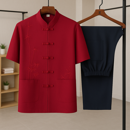 Men's Summer Traditional Set – Embroidered Top with Knot Closure and Straight Pants