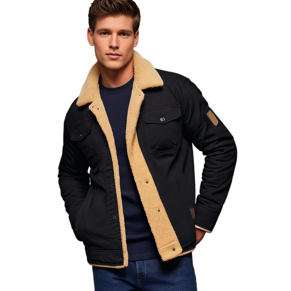 Junger Mann in schwarzer Jacke mit beigem Futter, lässig posierend. Modetrend, Herrenmode, Winterjacke, stilvoll, warm, modern.
