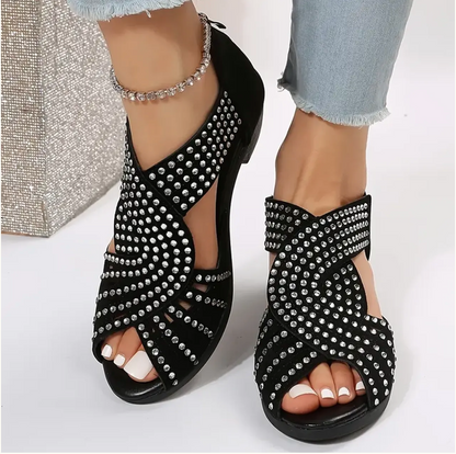 Damen Sommer Sandalen Niedriger Absatz Ausschnittdesign Reißverschluss