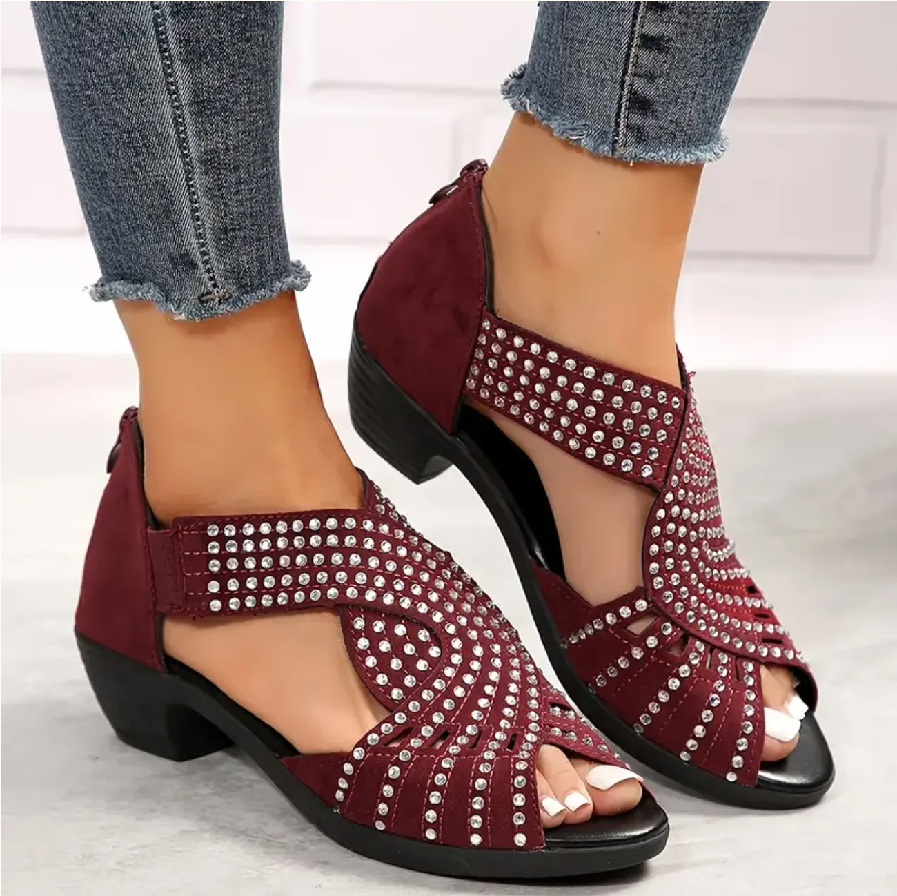 Damen Sommer Sandalen Niedriger Absatz Ausschnittdesign Reißverschluss