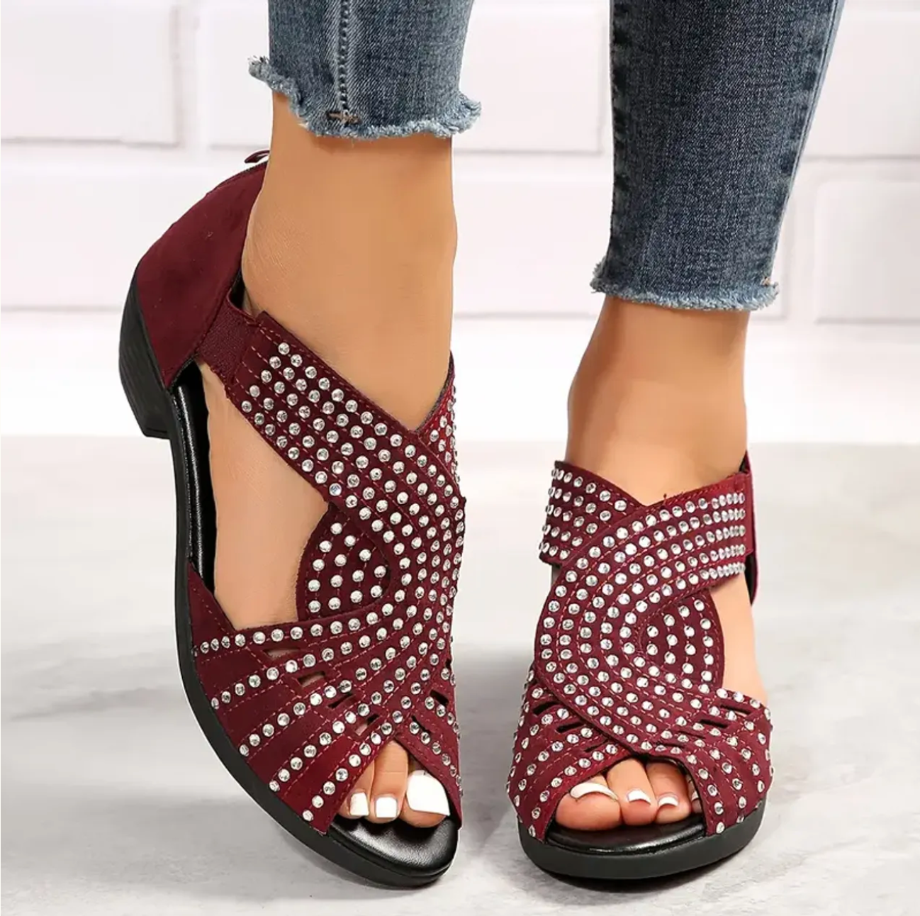 Damen Sommer Sandalen Niedriger Absatz Ausschnittdesign Reißverschluss