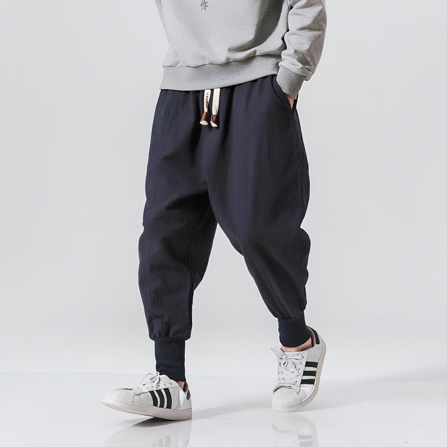 Men's Trousers with Low Crotch, Elastic Waistband, and Ankle Cuffs