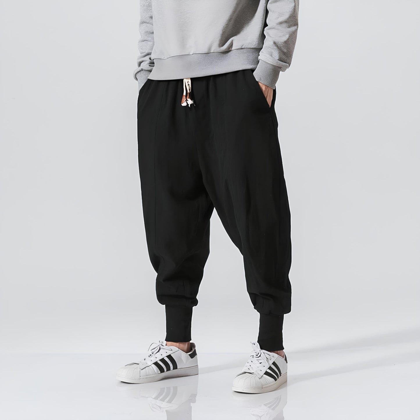 Men's Trousers with Low Crotch, Elastic Waistband, and Ankle Cuffs